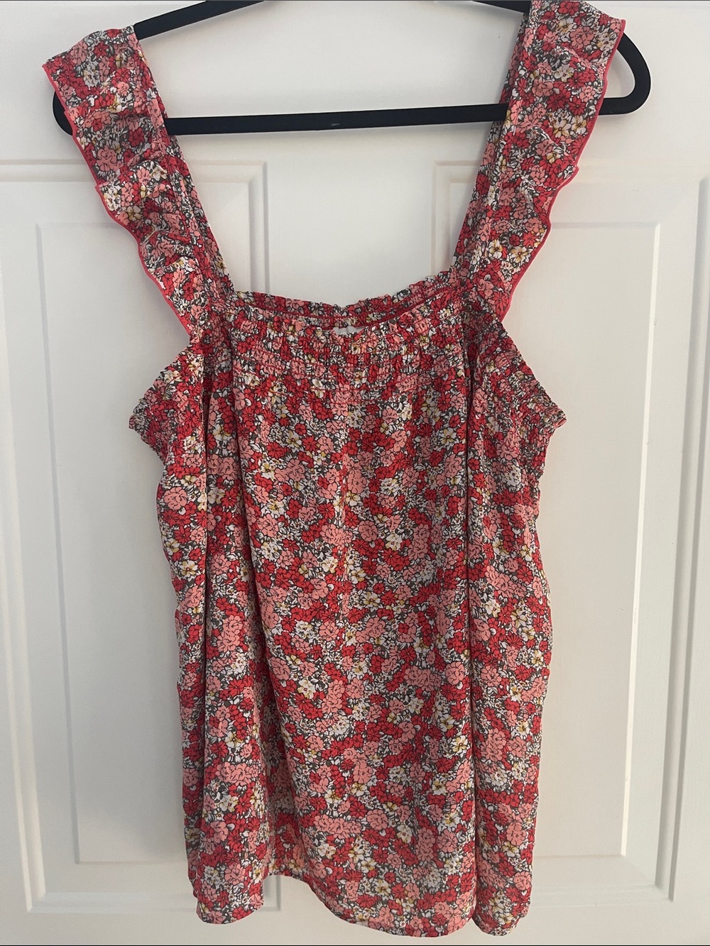 LOFT Red Floral Ruffle-Strap Tank Top